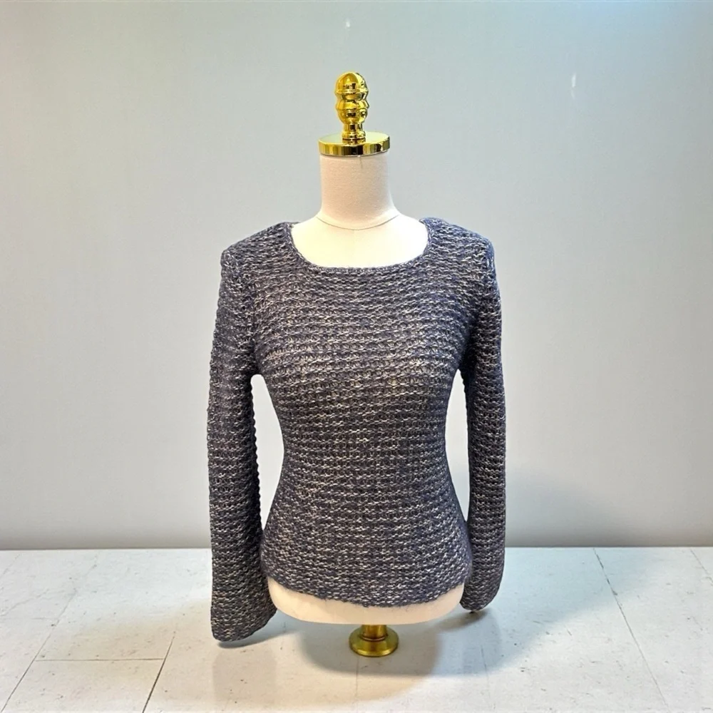 J.Jill Women’s Marled Open Knit Square Neck Flare Sleeve Blue/Gray Sweater Sz XS